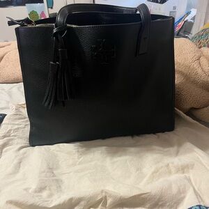 Tory Burch Black Pebbled Leather Tote with Tassel Accent